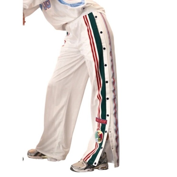 Yllw Pants - Yllw White Tearaway Snap Button Track Pants Green Red Stripe Wide Leg Small